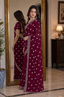 Wine soft georgette embroidery work festive saree with unstitched blouse piece 4