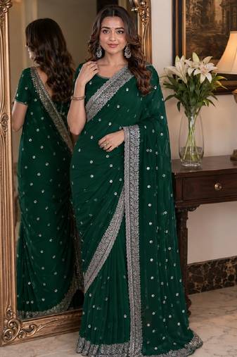 Green soft georgette embroidery work festive saree with unstitched blouse piece