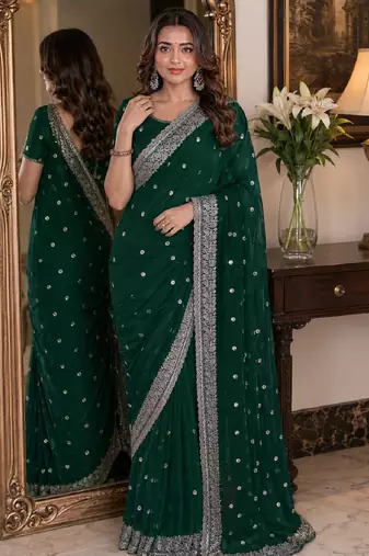 Green soft georgette embroidery work festive saree with unstitched blouse piece
