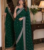 Green soft georgette embroidery work festive saree with unstitched blouse piece