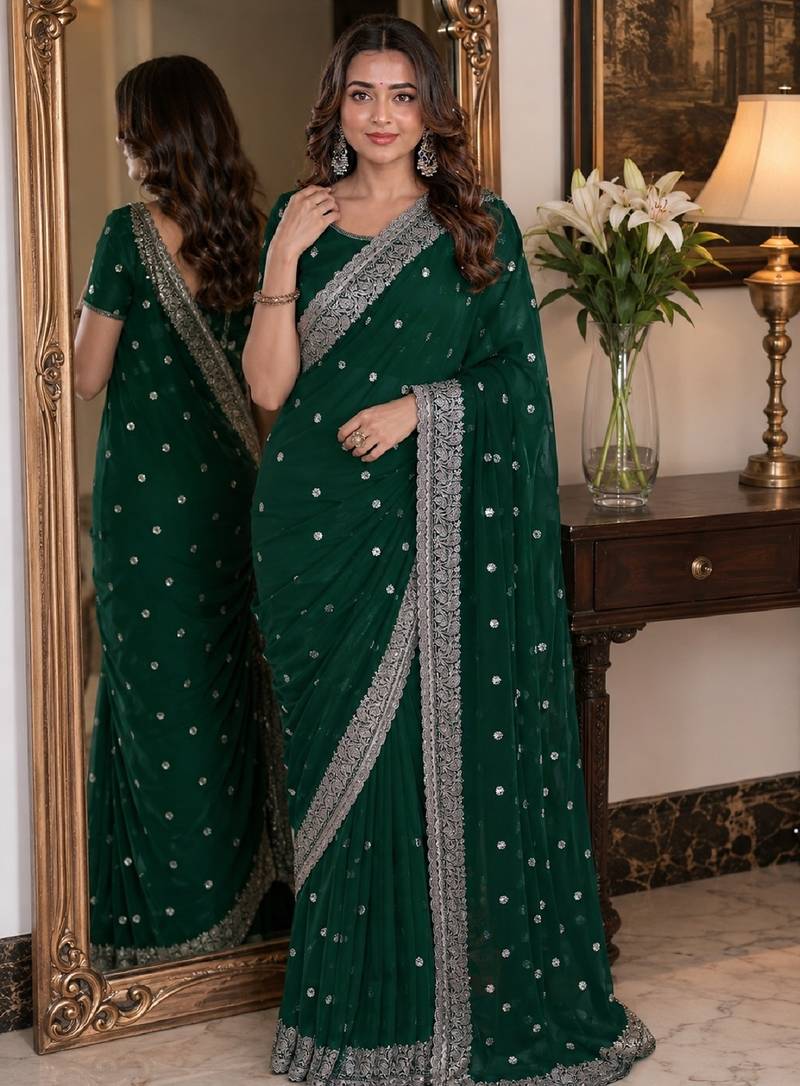 Green soft georgette embroidery work festive saree with unstitched blouse piece