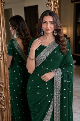 Green soft georgette embroidery work festive saree with unstitched blouse piece 2