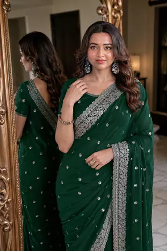 Green soft georgette embroidery work festive saree with unstitched blouse piece