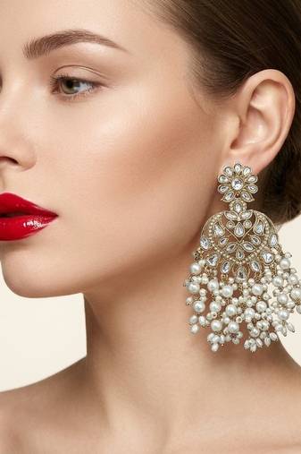 gold plated kundan pearl chandbali earrings