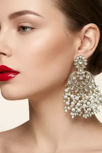 gold plated kundan pearl chandbali earrings