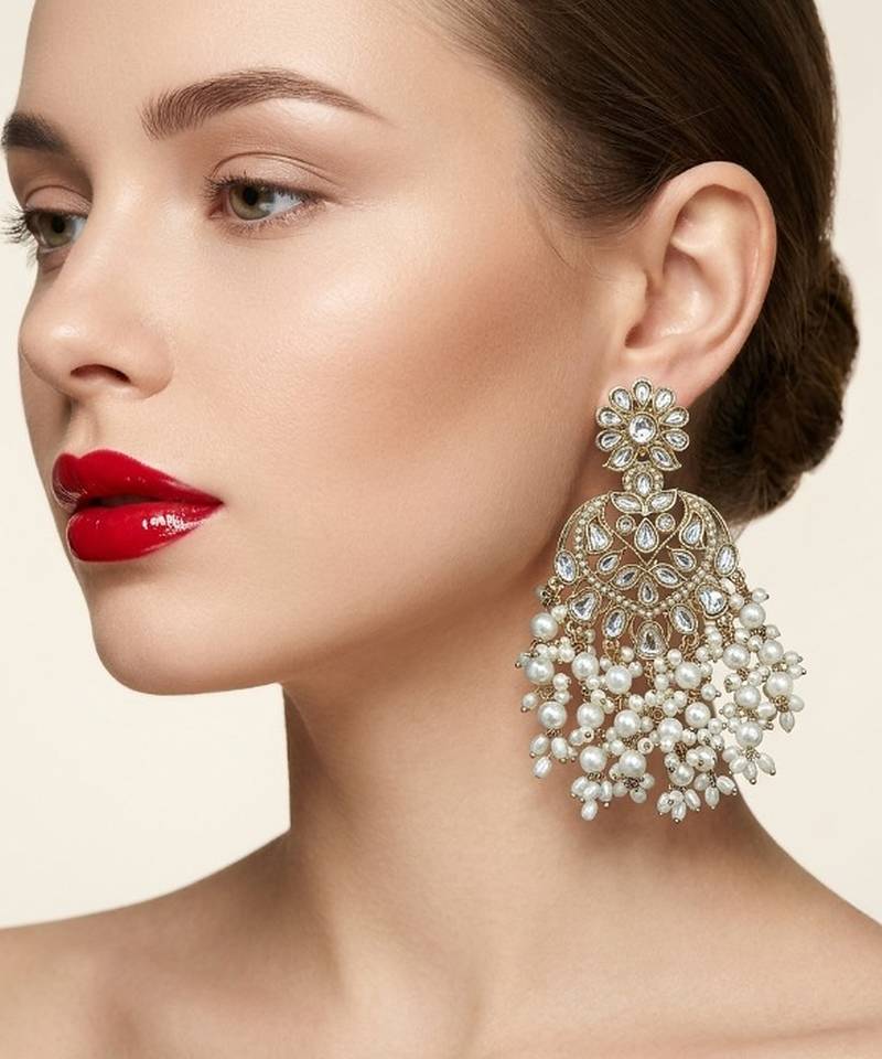 gold plated kundan pearl chandbali earrings