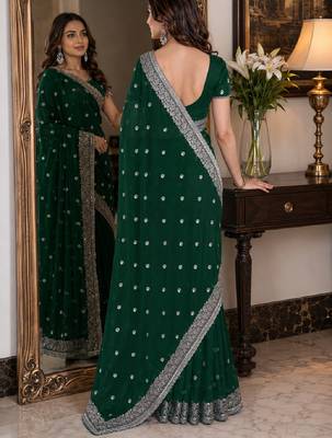 Green soft georgette embroidery work festive saree with unstitched blouse piece 3
