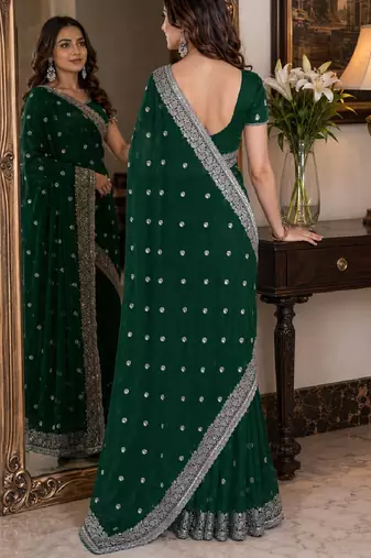 Green soft georgette embroidery work festive saree with unstitched blouse piece
