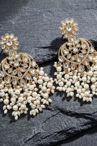 gold plated kundan pearl chandbali earrings