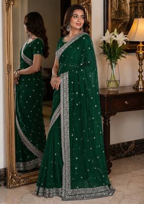 Green soft georgette embroidery work festive saree with unstitched blouse piece 4