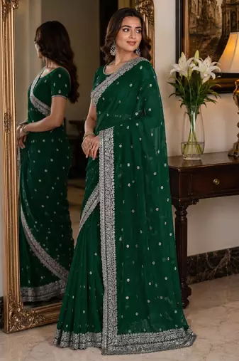 Green soft georgette embroidery work festive saree with unstitched blouse piece
