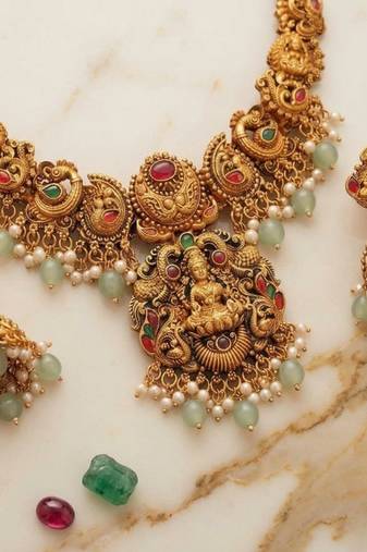 antique gold lakshmi temple necklace set with jhumka earrings