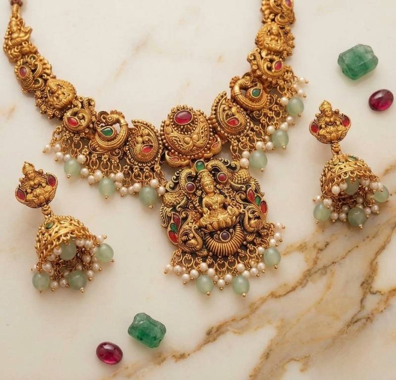 antique gold lakshmi temple necklace set with jhumka earrings