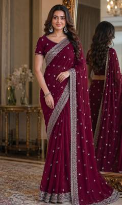 Wine soft georgette embroidery work festive saree with unstitched blouse piece 1
