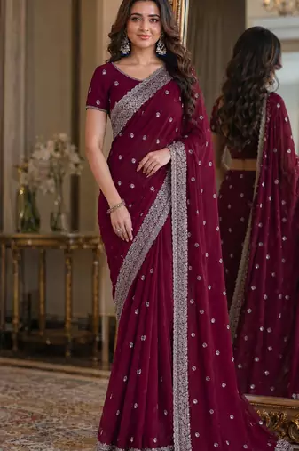 Wine soft georgette embroidery work festive saree with unstitched blouse piece