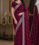 Wine soft georgette embroidery work festive saree with unstitched blouse piece
