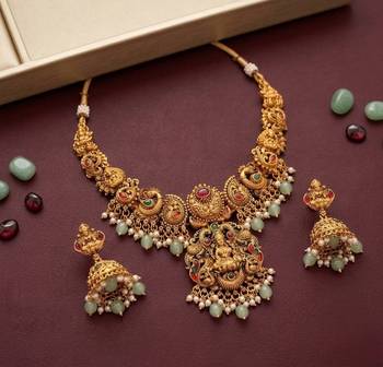 antique gold lakshmi temple necklace set with jhumka earrings 2
