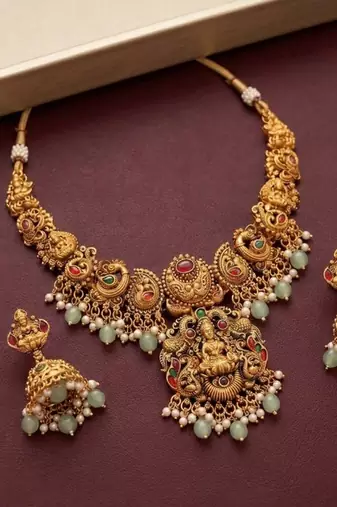 antique gold lakshmi temple necklace set with jhumka earrings
