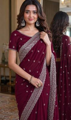 Wine soft georgette embroidery work festive saree with unstitched blouse piece 2
