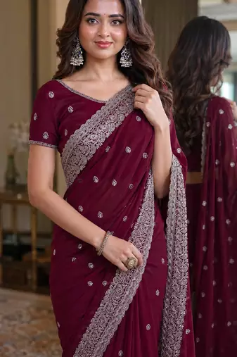 Wine soft georgette embroidery work festive saree with unstitched blouse piece