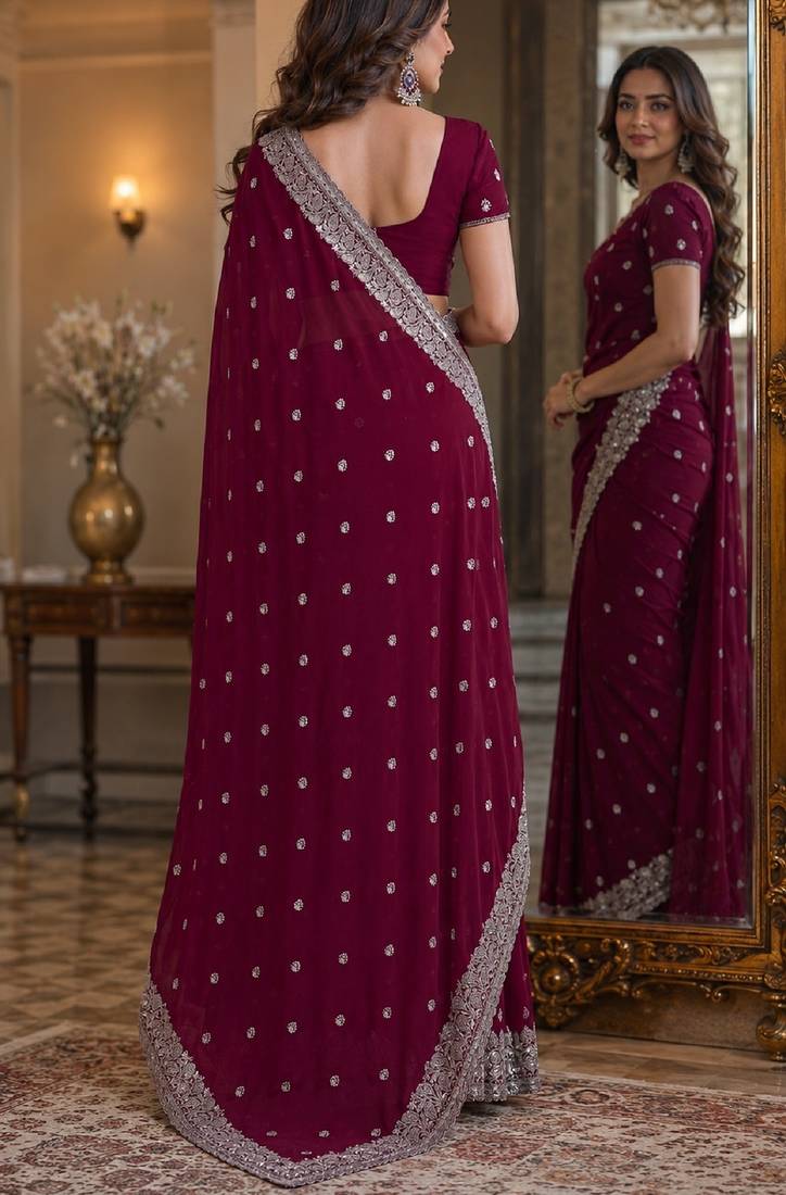 Wine soft georgette embroidery work festive saree with unstitched blouse piece