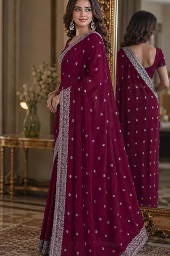 Wine soft georgette embroidery work festive saree with unstitched blouse piece