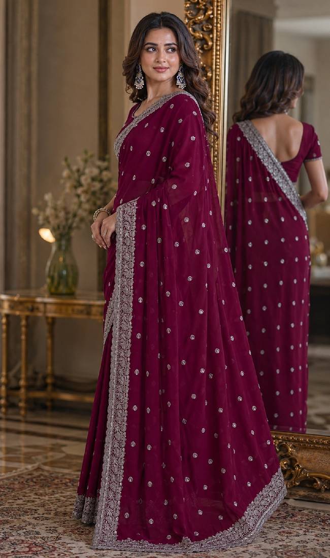 Wine soft georgette embroidery work festive saree with unstitched blouse piece