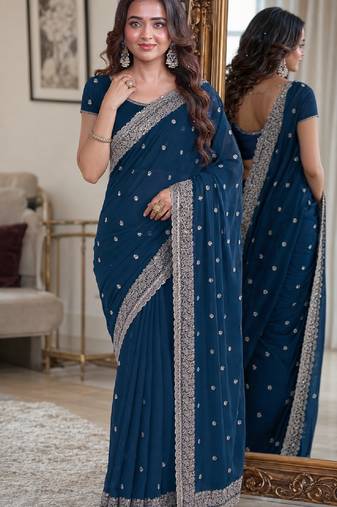 Rama soft georgette embroidery work festive saree with unstitched blouse piece