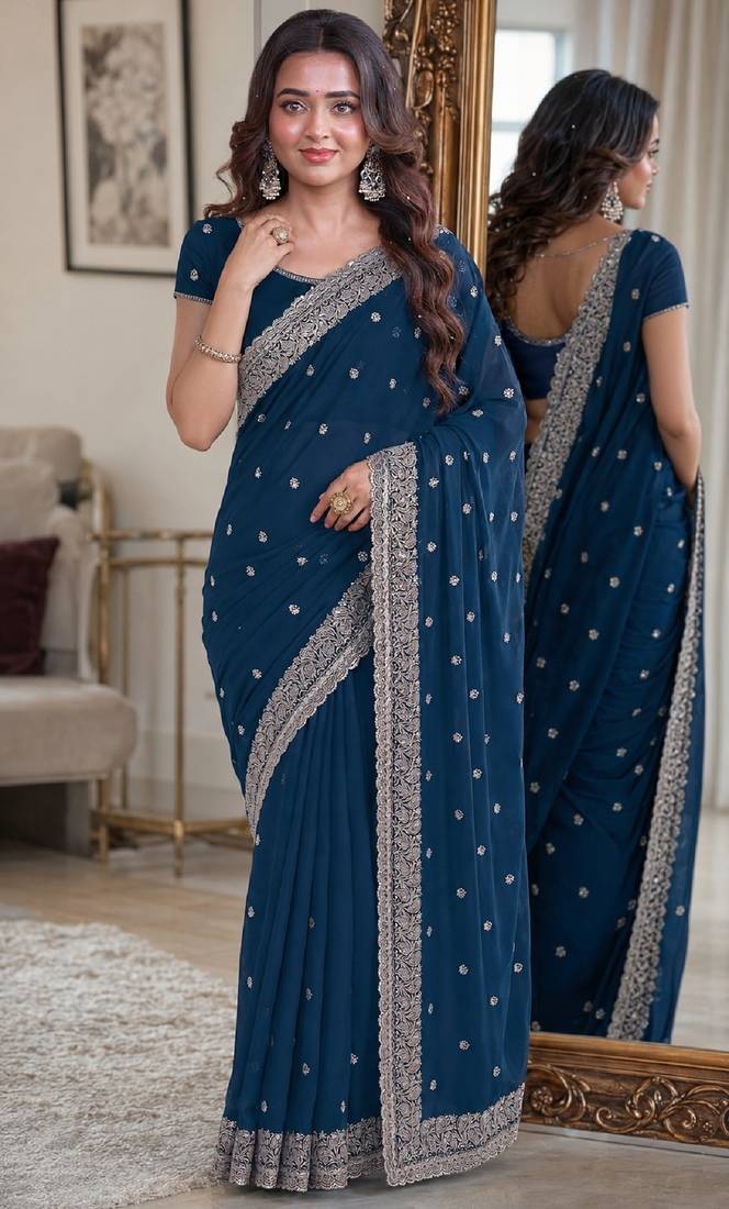 Rama soft georgette embroidery work festive saree with unstitched blouse piece