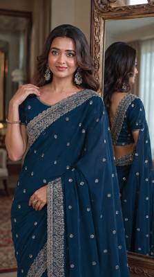 Rama soft georgette embroidery work festive saree with unstitched blouse piece 2