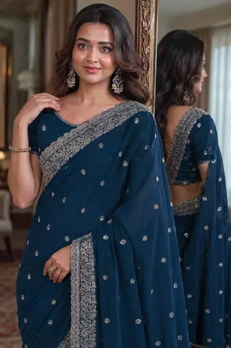 Rama soft georgette embroidery work festive saree with unstitched blouse piece