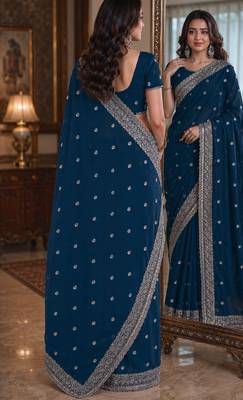Rama soft georgette embroidery work festive saree with unstitched blouse piece 3