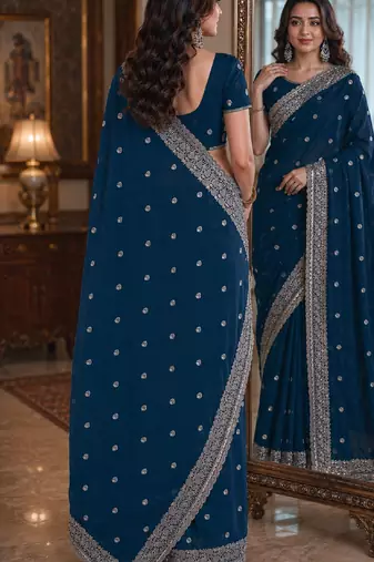 Rama soft georgette embroidery work festive saree with unstitched blouse piece
