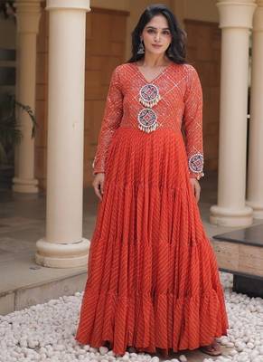 Designer laheriya print faux georgette gown with kutchi patchwork | free size 38-44 1