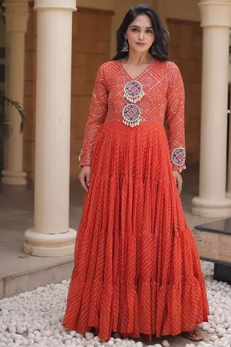 Designer laheriya print faux georgette gown with kutchi patchwork | free size 38-44