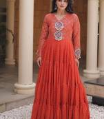 Designer laheriya print faux georgette gown with kutchi patchwork | free size 38-44