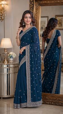 Rama soft georgette embroidery work festive saree with unstitched blouse piece 4