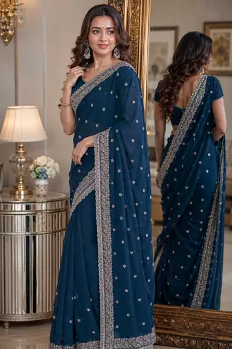 Rama soft georgette embroidery work festive saree with unstitched blouse piece