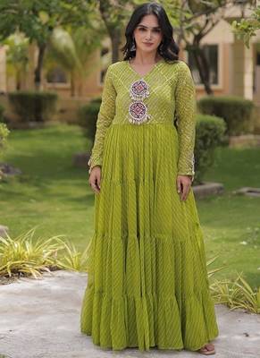 Designer laheriya print faux georgette gown with kutchi patchwork | free size 38-44 1