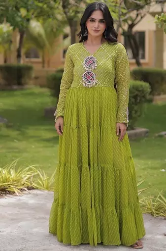Designer laheriya print faux georgette gown with kutchi patchwork | free size 38-44