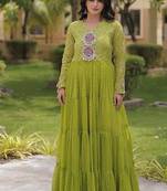 Designer laheriya print faux georgette gown with kutchi patchwork | free size 38-44