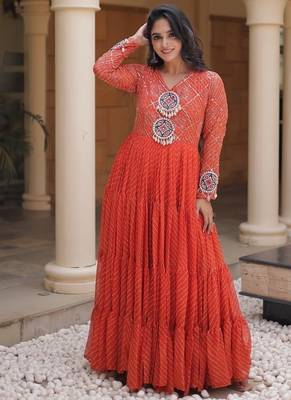 Designer laheriya print faux georgette gown with kutchi patchwork | free size 38-44 2