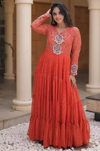 Designer laheriya print faux georgette gown with kutchi patchwork | free size 38-44