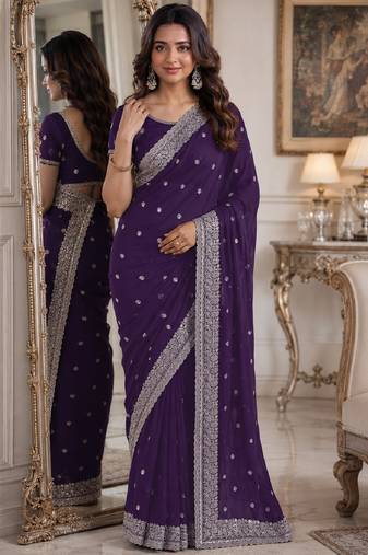 Purple soft georgette embroidery work festive saree with unstitched blouse piece
