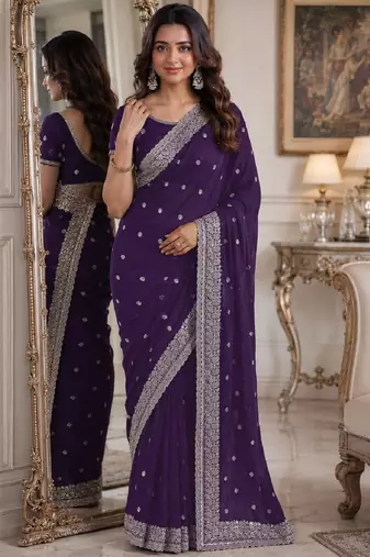 Purple soft georgette embroidery work festive saree with unstitched blouse piece