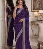 Purple soft georgette embroidery work festive saree with unstitched blouse piece