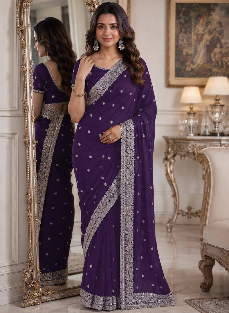 Purple soft georgette embroidery work festive saree with unstitched blouse piece