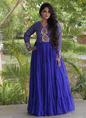 Designer laheriya print faux georgette gown with kutchi patchwork | free size 38-44 1