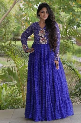 Designer laheriya print faux georgette gown with kutchi patchwork | free size 38-44