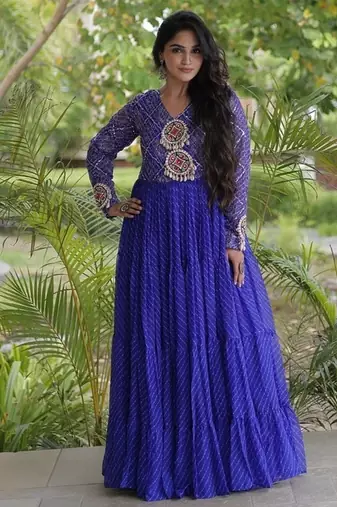 Designer laheriya print faux georgette gown with kutchi patchwork | free size 38-44
